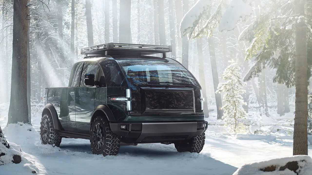 canoo electric truck in the snow