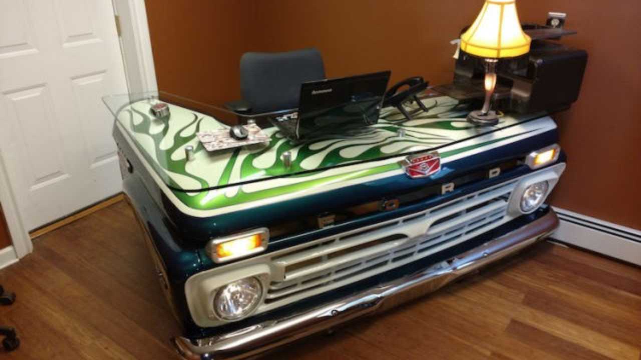 ford f100 truck as a desk