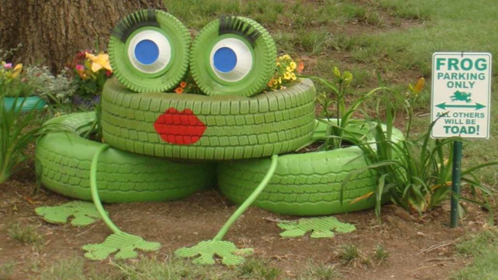 recycled tire garden frog display