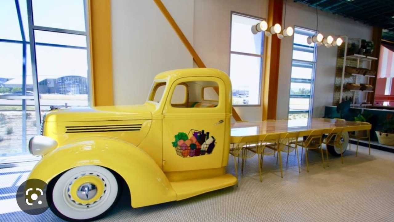 vintage yellow truck turned into a picnic table